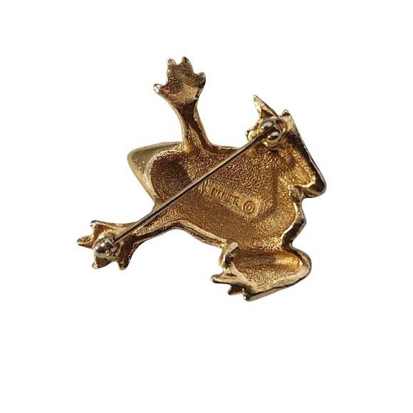 Vintage signed Napier gold tone FROG w/ green rhinestone eyes brooch pin - Picture 4 of 5